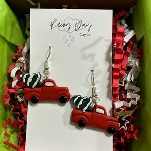 Clay Red Christmas truck earrings